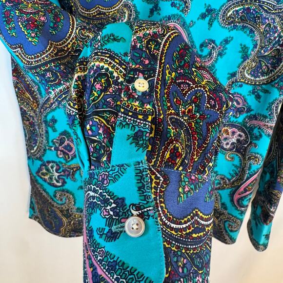 Talbots Women’s S Paisley Button Up Shirt Stretch Cotton Turquoise Classic EUC - Picture 8 of 9